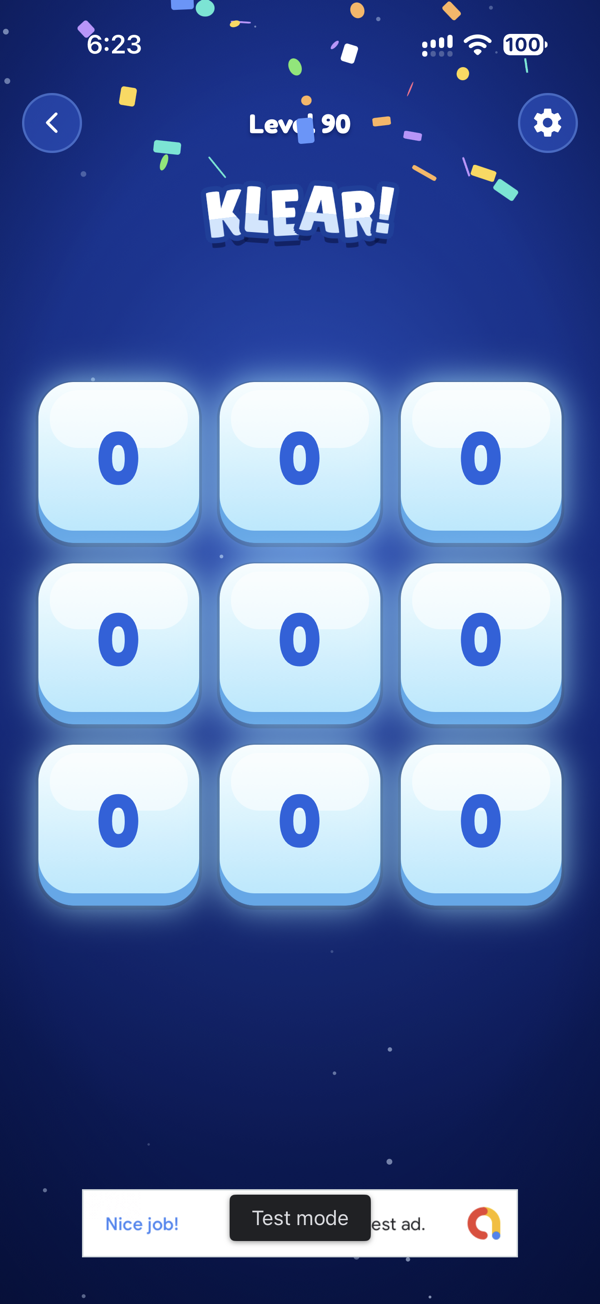 A solved board: all nine tiles of Level 90 read zero under a KLEAR! banner as confetti falls