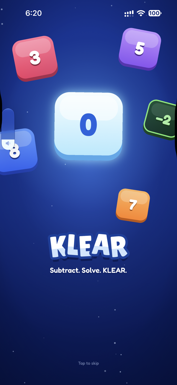KLEAR launch screen: number tiles 3, 5, 8, 7 and −2 float around a glowing zero tile above the tagline Subtract. Solve. KLEAR.